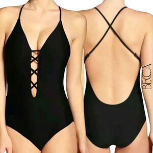 Becca Rebecca Virtue NWT Move Along One-Piece Plunge Strappy Swimsuit Black S